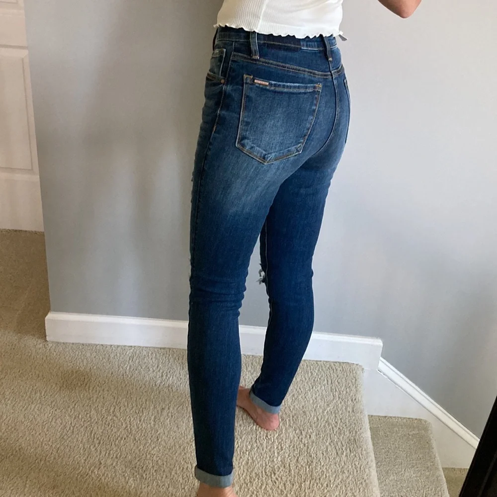 Dark Denim Mid Rise Ankle Skinny Distressed Jeans - Picture 6 of 8